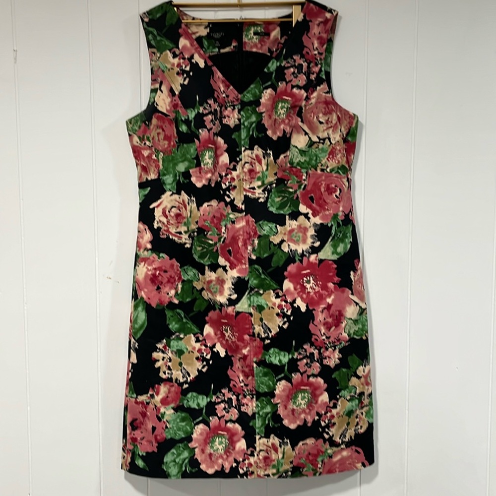 Talbots Black Pink Large Printed Floral V Neck Texture Sheath Dress Size 14p